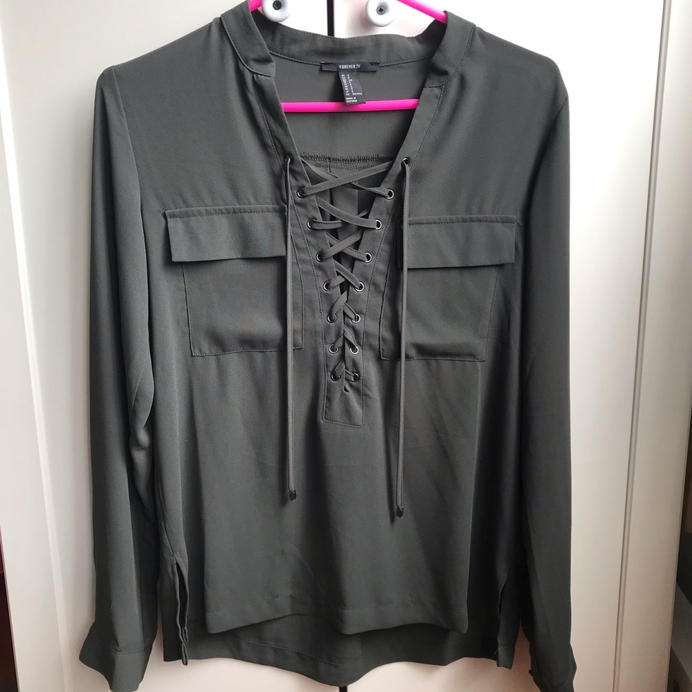 NWOT F21 Long Sleeve Lace Up Blouse